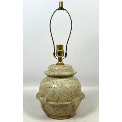 Mid Century Modern style wheel thrown stoneware studio pottery table lamp with ruffled collar and sp