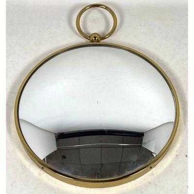 Vintage Mid Century Fornasetti Style Circular Brass Frame Convex Wall Mirror