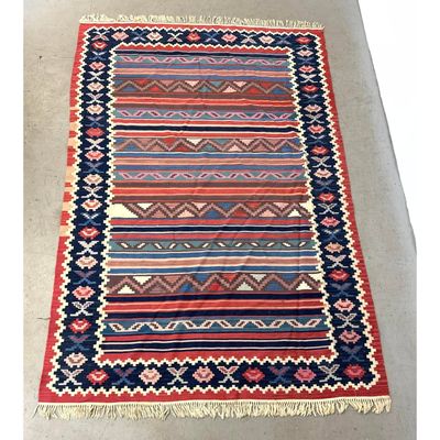 5'9.5 X 9'1  Hand woven Anatolian style geometric Kilim rug with multi banded field and wide navy bl