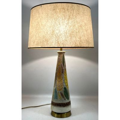 Mid-Century Modern Table Lamp with Sgraffito Leaf Decoration and Fiberglass Shade