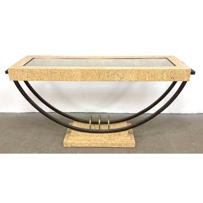 Postmodern Fossil Stone and Mixed Metal Demi Lune Console Table with Beveled Glass Top and Brass Acc