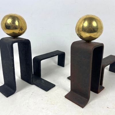 Pair French Style Black Iron Brass Ball Andirons. Modernist Fireplace Accessories. After a Royere de
