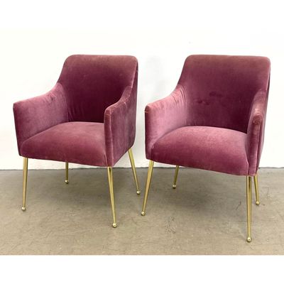 Pair Anthropologie Elowen Velvet Dining Armchairs in Mauve with Brass Tone Legs and Handles