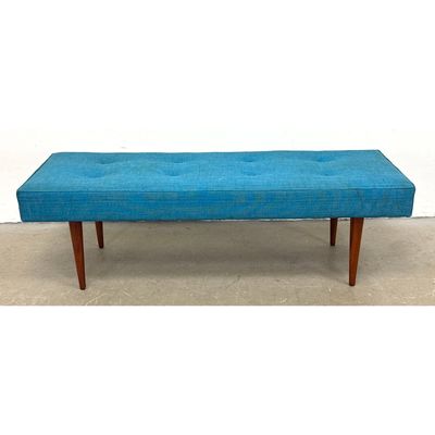 Milo Baughman for Thayer Coggin Mid Century Modern Tufted Bench in Blue Upholstery. Tapered legs.