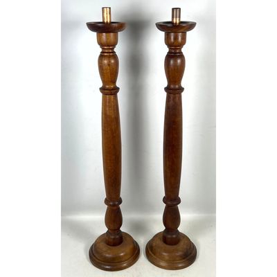 Vintage Large Turned Walnut Wood Candlesticks with Box of New Old Stock Large Candles