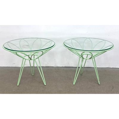 Pair of Mid Century Modern Daisy Petal Glass Top Wrought Iron Side Tables in Mint Green Paint. Unsig