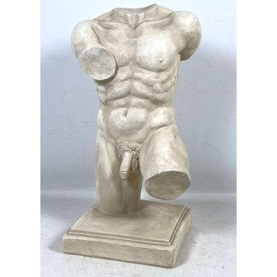 Cast Plaster Muscular Nude Male Torso. Antiqued Cream Paint Finish.