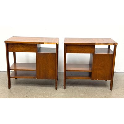 Pr JOHN WIDDICOMB Mid Century Modern Walnut Night Stands. Architectural.  Asymmetrical. Marked.