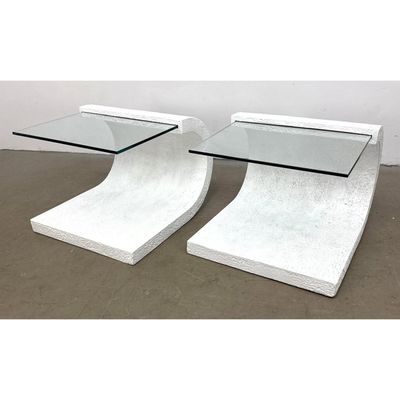 Pair of Postmodern Cantilevered Glass and Textured Plaster Finish Side Tables. Wave form