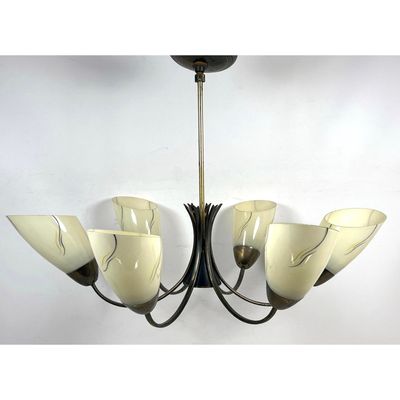 Mid Century Modern 6 Light Brass and Glass Chandelier with Abstract Painted Shades