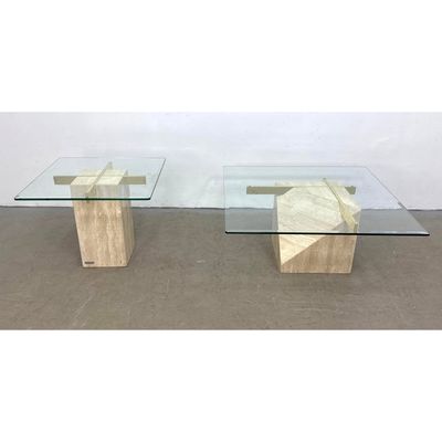 2pc Italian Artedi Postmodern Travertine and Glass Coffee and Side Table Set.  Marked.