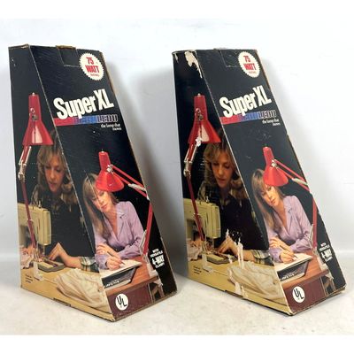 Pair Ledu Super XL Articulated Arm Task Lamps with 4 Way Clamps in Original Boxes. Model XL 334X.