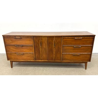 Mid-Century Modern Walnut 9 Drawer Dresser with Burl Wood Accents and Sculpted Pulls