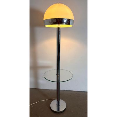 Chrome Floor Lamp with Integrated Glass Tray Table and Domed White Acrylic Mushroom Shade. Unsigned.