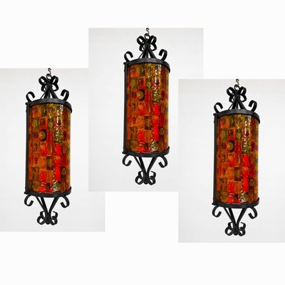 Set 3 Mid Century Modern Spanish Mediterranean Style Wrought Iron and Dalle de Verre Faceted Glass P