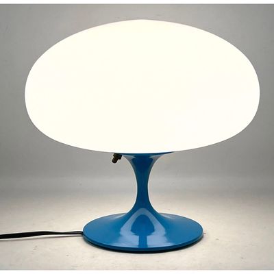 DESIGNLINE Blue Enameled Base Glass Mushroom Shade Table Lamp. Paper Label. StemLite. Contemporary L