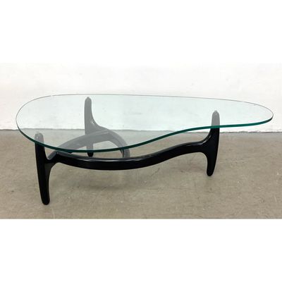 Mid Century Modern Biomorphic Glass Top Coffee Table with Three Point Black Metal Base. Pearsall sty