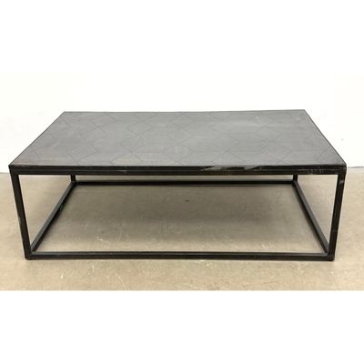 Large Restoration Hardware Coffee Table. Patterned Metal Top on Iron Frame. Metal Parquet Coffee Tab