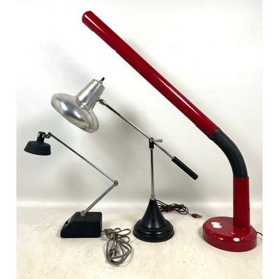 3pc lot of Vintage 20th Century Desk Lamps. Includes Red Fluorescent, Chrome Balance Arm, and Black
