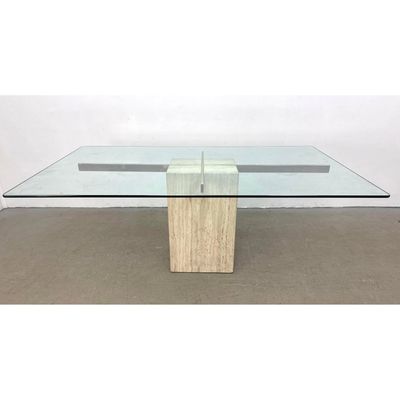 Artedi Postmodern Travertine and Brass Toned Metal Pedestal Dining Table with Rectangular Glass Top
