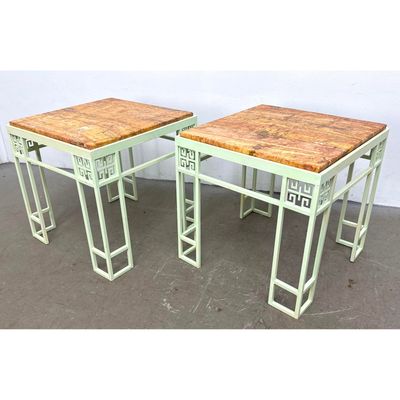 Pair Chinoiserie Style Pale Green Painted Iron and Travertine Stone Top Square Side Tables