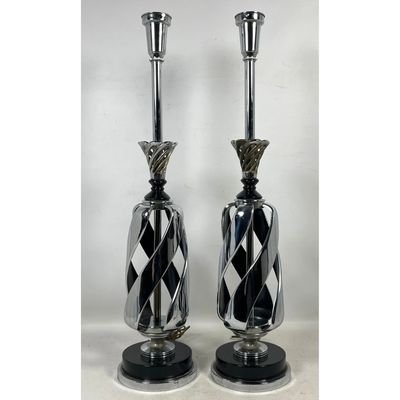 Pair of Mid-Century Modern Chrome and Black Enameled Metal Twist Cage Table Lamps. Unsigned.