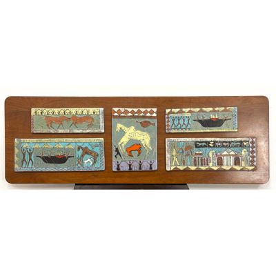 Harris G. Strong 5pc Ceramic Tile Wall Relief Mounted on Walnut Board