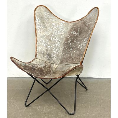 Mid-Century Modern Butterfly Chair with Silver Acid Wash Cowhide Sling and Black Iron Frame. Unsigne