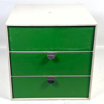 70s Vintage  Mid Century Mod Palaset Modular Storage White Cube with Green Drawers Designed by Risto