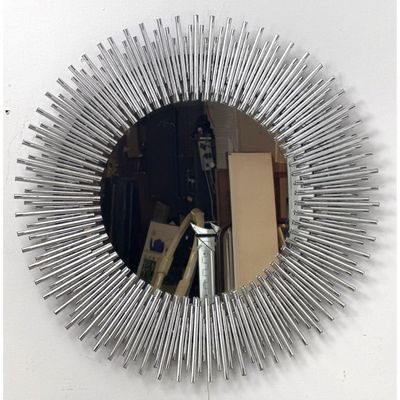 Large Brutalist Style Silvered Metal Sunburst Wall Mirror with Radiating Split Tension Pins. Contemp