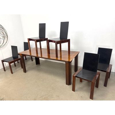 7pc Afra and Tobia Scarpa Attributed Dining Set. Table and 6 Chairs with Inlay. Black Leather.