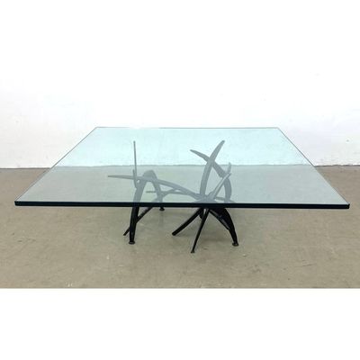 Silas Seandel 1974 Brutalist Wrought Iron and Glass Square Coffee Table. Signed. Black finish.