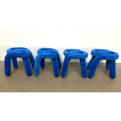 Set 4 Electric Blue Velvet Tubular Stools. Lot #1. Interlocking "Knot" Design. Contemporary.
