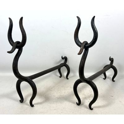 After Russel Wright Figural Deer Andirons. Heavy Wrought Iron Figures. Fire Deer Andirons. Heavy Cas