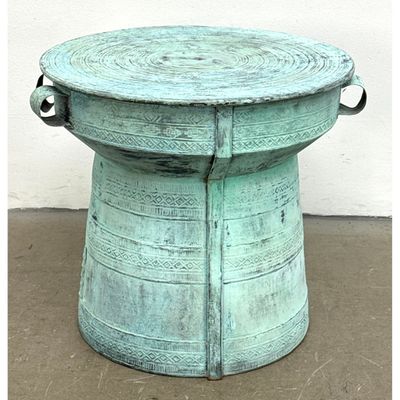 Southeast Asian Style Metal Rain Drum Side Table with Verdigris Patina and Geometric Motifs.  Lighte