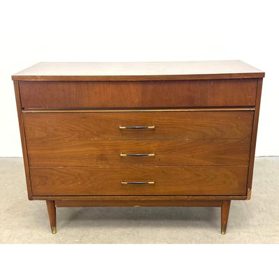 Mid-Century Modern 4 Drawer Walnut Chest of Drawers with Faux Wood Laminate Top.