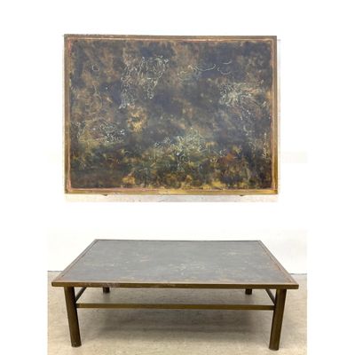 Large Philip and Kelvin LaVerne Muses acid etched bronze coffee table. Signed.