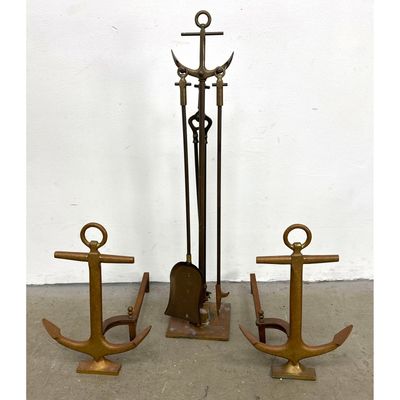 3pc Brass Nautical Anchor Fireplace Set with Andirons and Tool Stand.