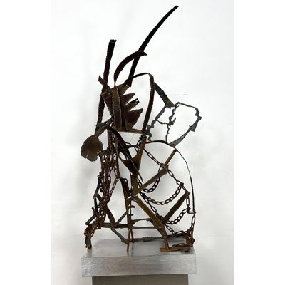 LargeBrutalist Found Object Welded Metal Sculpture. Brushed Aluminum Pedestal Base. Welded Rusty Met