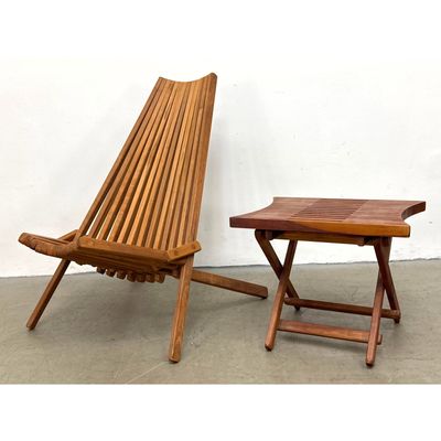 2pc Mid Century Modern style folding Teak lounge chair and matching side table stool
