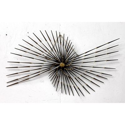 Brutalist Mid Century Modern Welded Nail Wall Sculpture. Nails form Rays with Gold Solder Joints. No