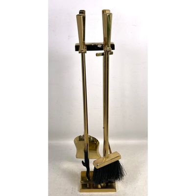 5pc Polished Brass Modernist Fireplace Tool Set with Tiered Stand