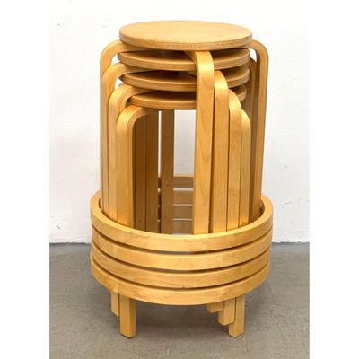 Set of 4 Alvar Aalto Style Stackable Bentwood Birch Counter Stools with Foot Rings