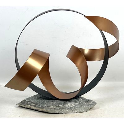 Karen Madden Modern Abstract Patinated Metal Ribbon Sculpture on Stone Base. Signed.