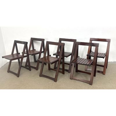 Set 6 Mid Century Modern Hardwood Folding Side Chairs with Slatted Seats. Aldo Jacober attribution.