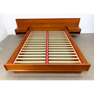 Danish Modern Teak Platform Bed with Floating Integrated Nightstands. Marked Made in Denmark.