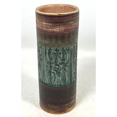 Mid Century Modern Ceramic Cylinder Vase with Brutalist Relief Frieze and Multi Tonal Glaze. Unmarke