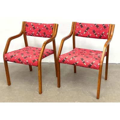 Pair Westnofa Mid Century Modern Bentwood Outline Armchairs with Coca Cola Upholstery