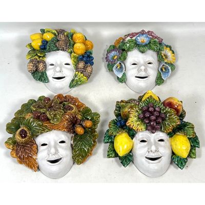 4 Vintage Italian Majolica Glazed Ceramic Wall Masks, Italy