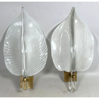 Pair Mid-Century Modern Italian White Striated Murano Art Glass Leaf Form Wall Sconces with Brass Mo